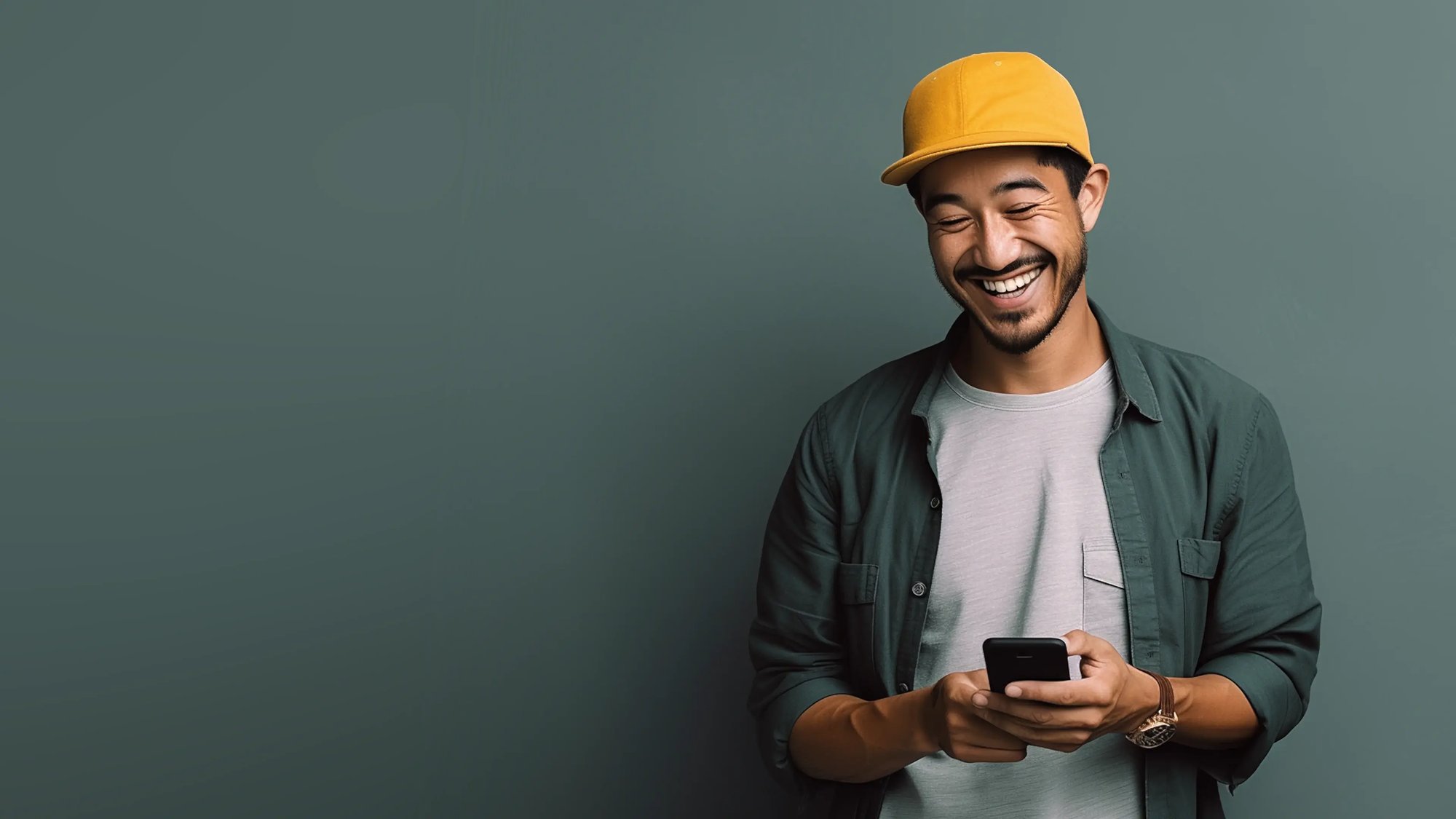 Smiling man in a yellow cap holding a smartphone against a dark green background